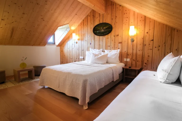 Chambre en bois sous les combles avec lit double et lit simple, suite duplex